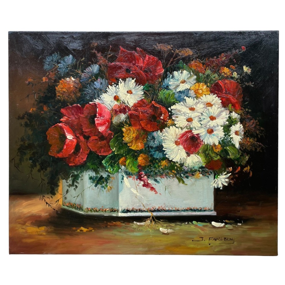 J Fairledy Original Oil Painting Floral Still Life Poppies Daisies Impasto 24x20